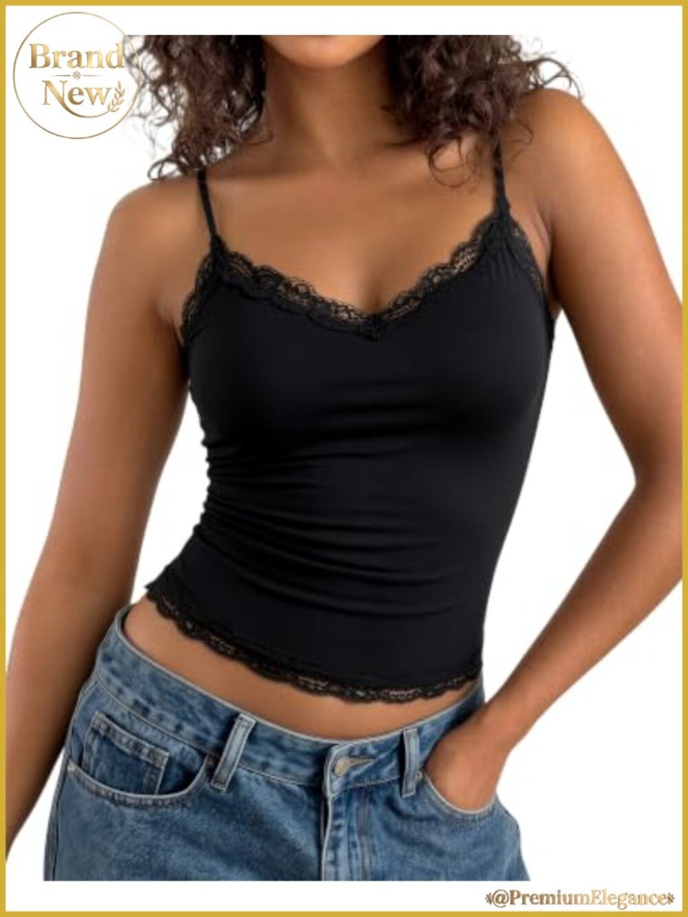 Women's V Neck Lace Trim Tank Top with Removable Padded Bra - Sleeveless